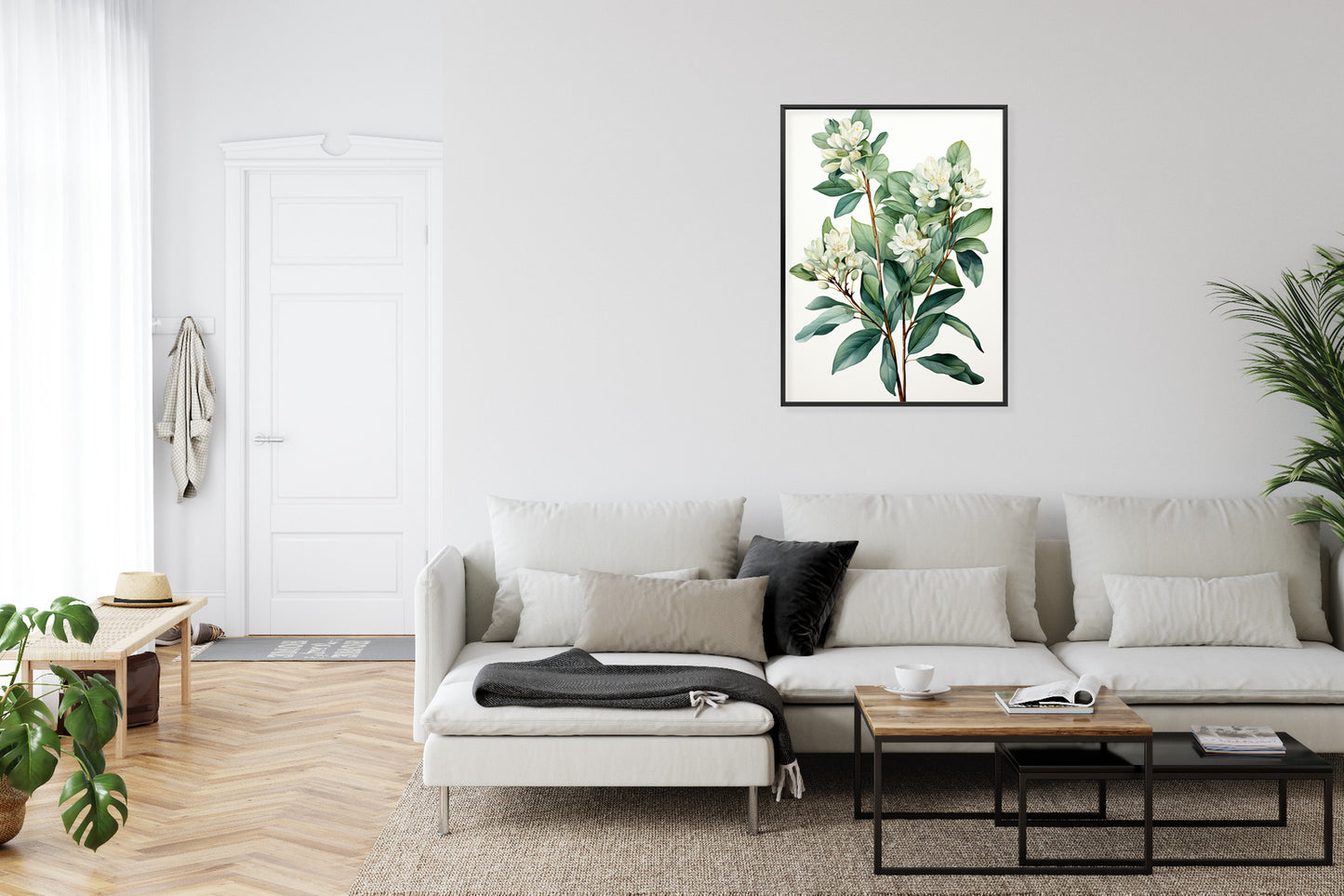 Poster Weiße Blüten Auf Einem Zweig Rahmen Holz Mit Passepartout Farbe Natürlich