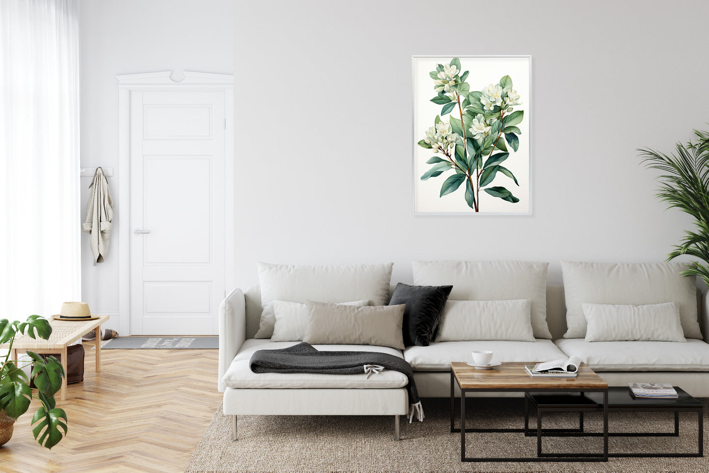 Poster Weiße Blüten Auf Einem Zweig Rahmen Holz Mit Passepartout Farbe Natürlich