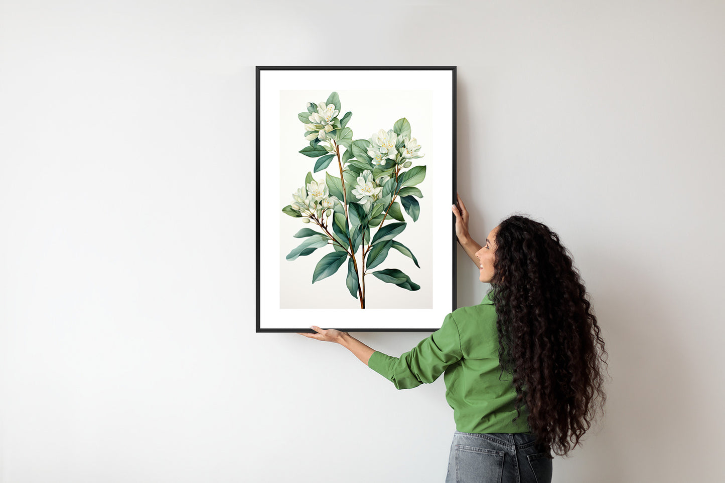 Poster Weiße Blüten Auf Einem Zweig Rahmen Holz Mit Passepartout Farbe Natürlich
