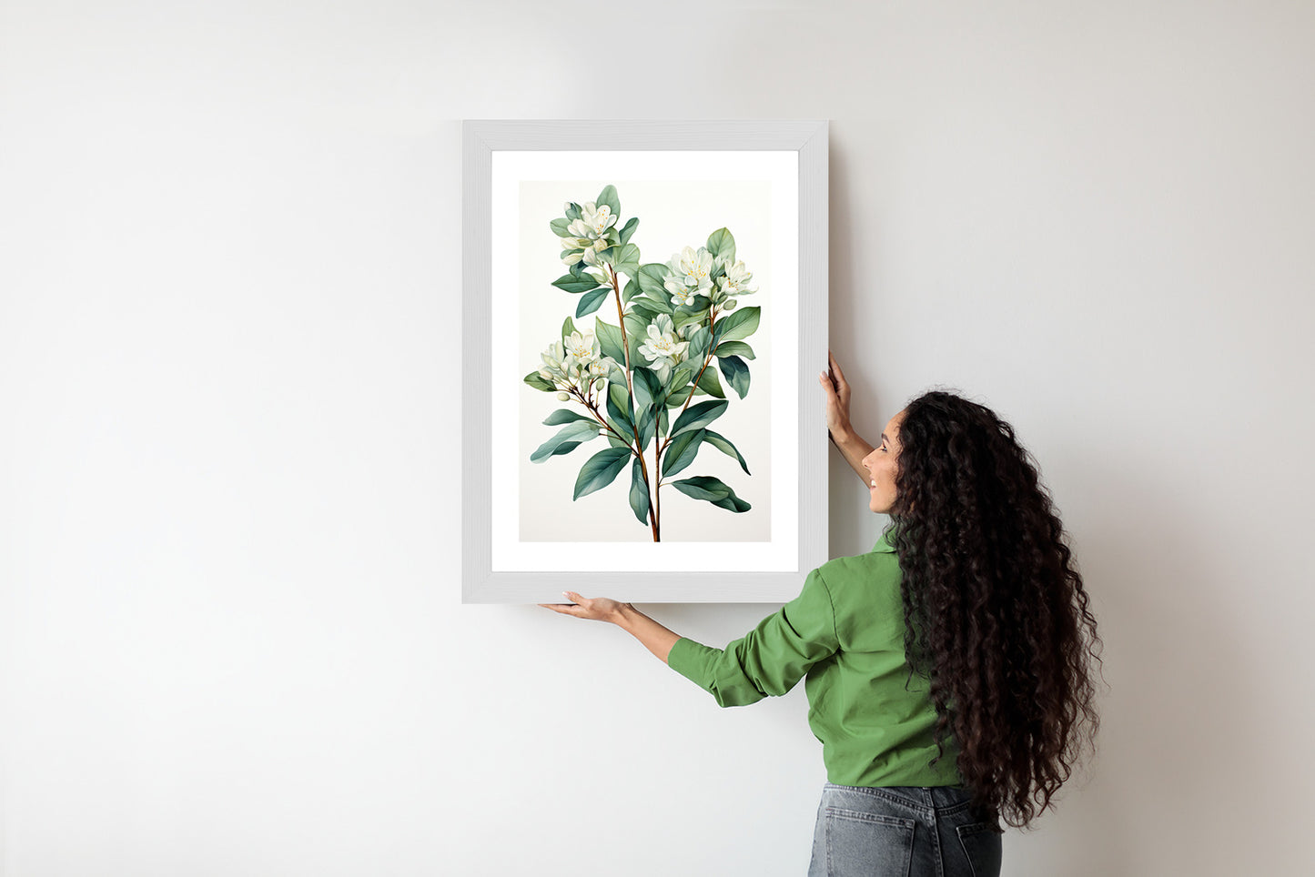 Poster Weiße Blüten Auf Einem Zweig Rahmen Holz Mit Passepartout Farbe Natürlich