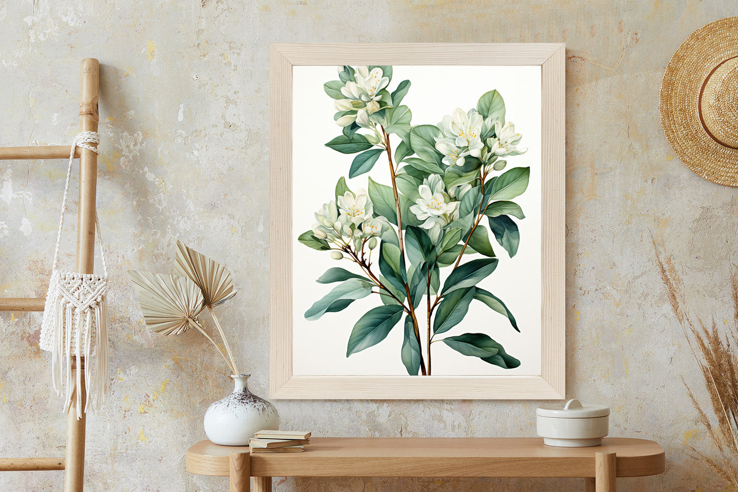 Poster Weiße Blüten Auf Einem Zweig Rahmen Holz Mit Passepartout Farbe Natürlich