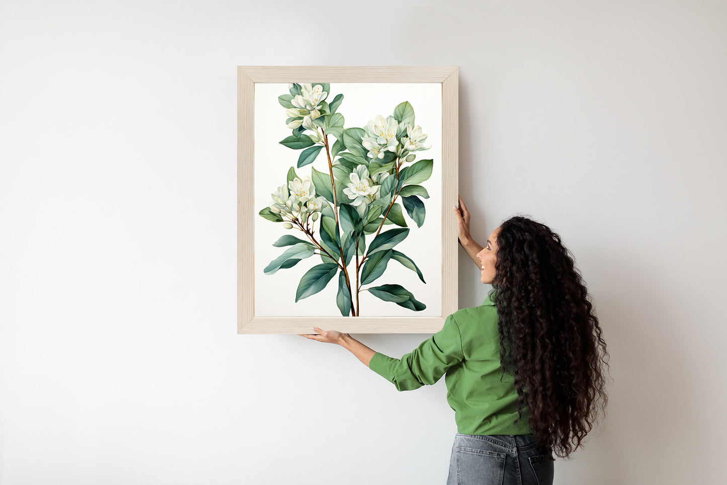 Poster Weiße Blüten Auf Einem Zweig Rahmen Holz Mit Passepartout Farbe Natürlich