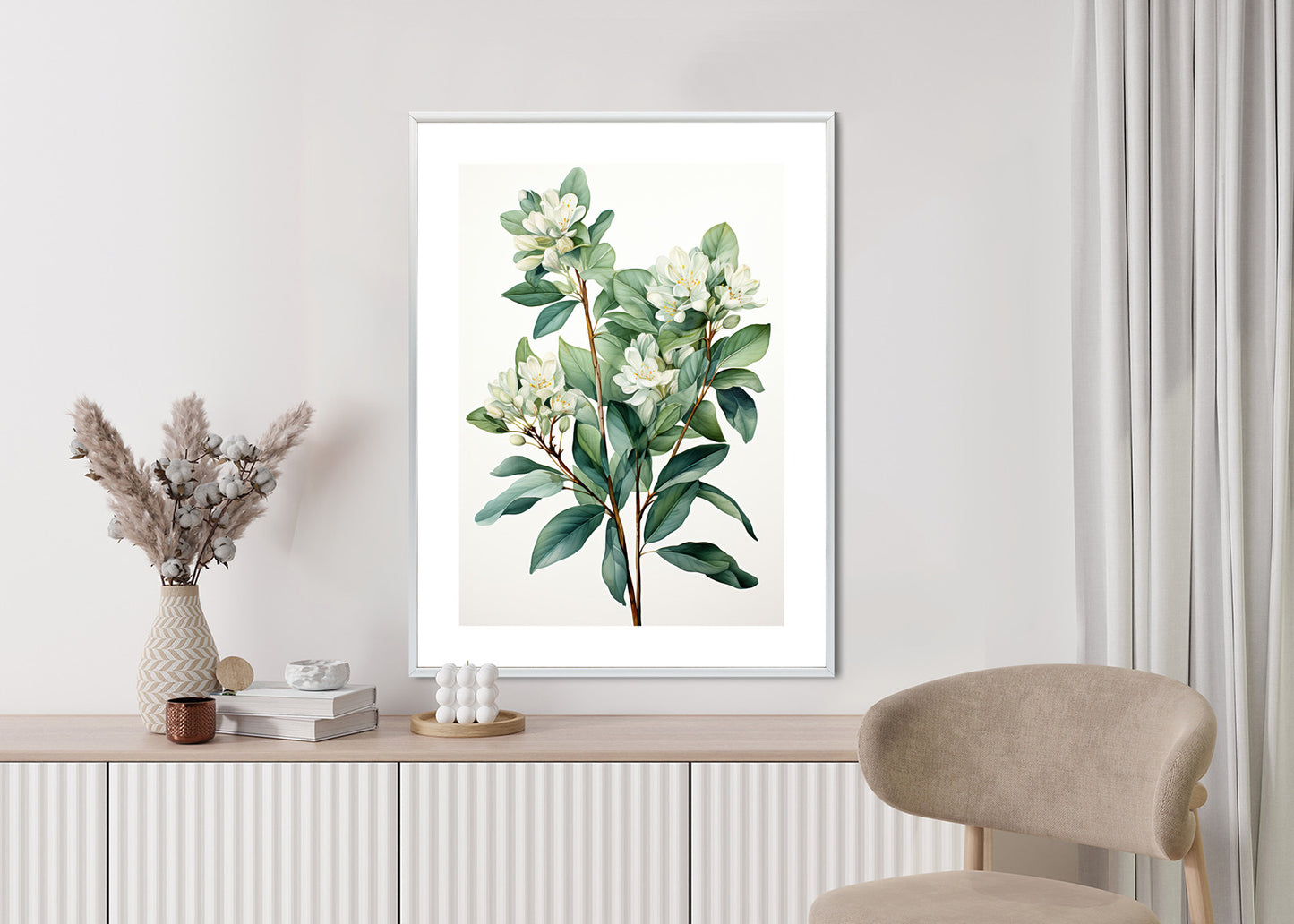 Poster Weiße Blüten Auf Einem Zweig Rahmen Holz Mit Passepartout Farbe Natürlich