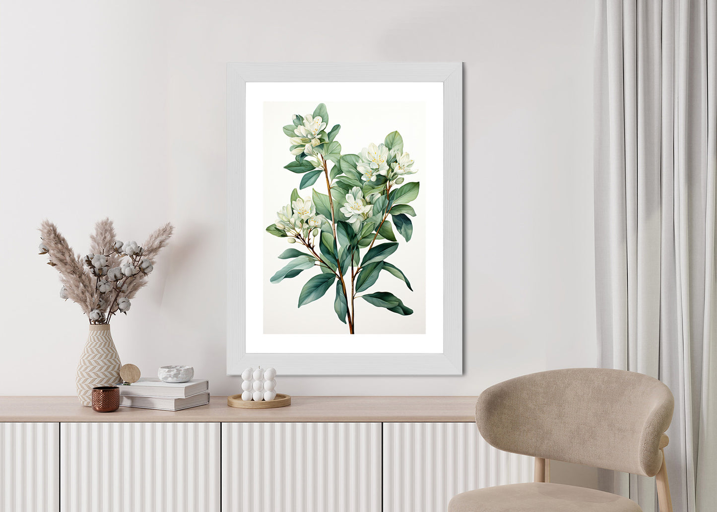 Poster Weiße Blüten Auf Einem Zweig Rahmen Holz Mit Passepartout Farbe Natürlich