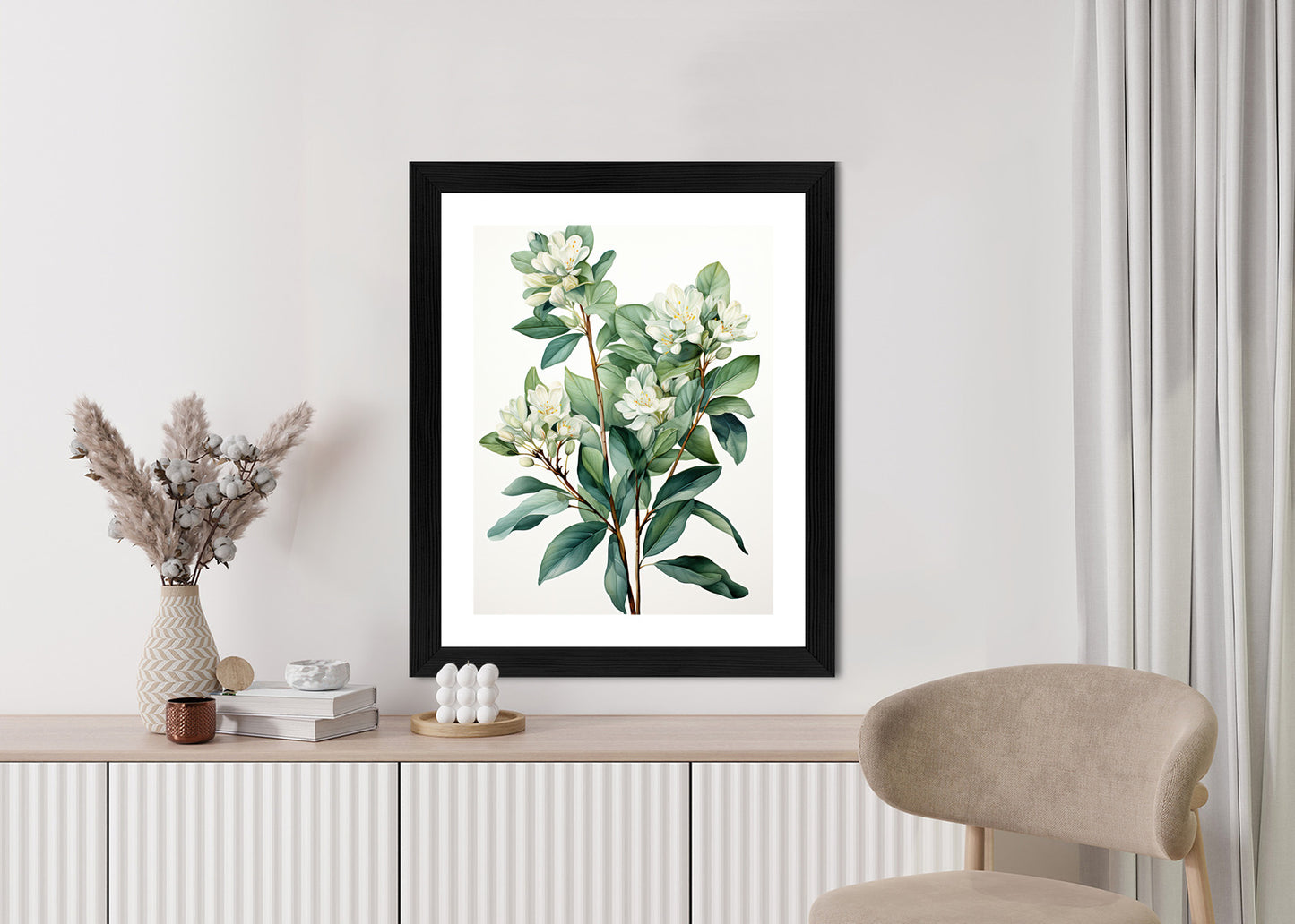 Poster Weiße Blüten Auf Einem Zweig Rahmen Holz Mit Passepartout Farbe Natürlich