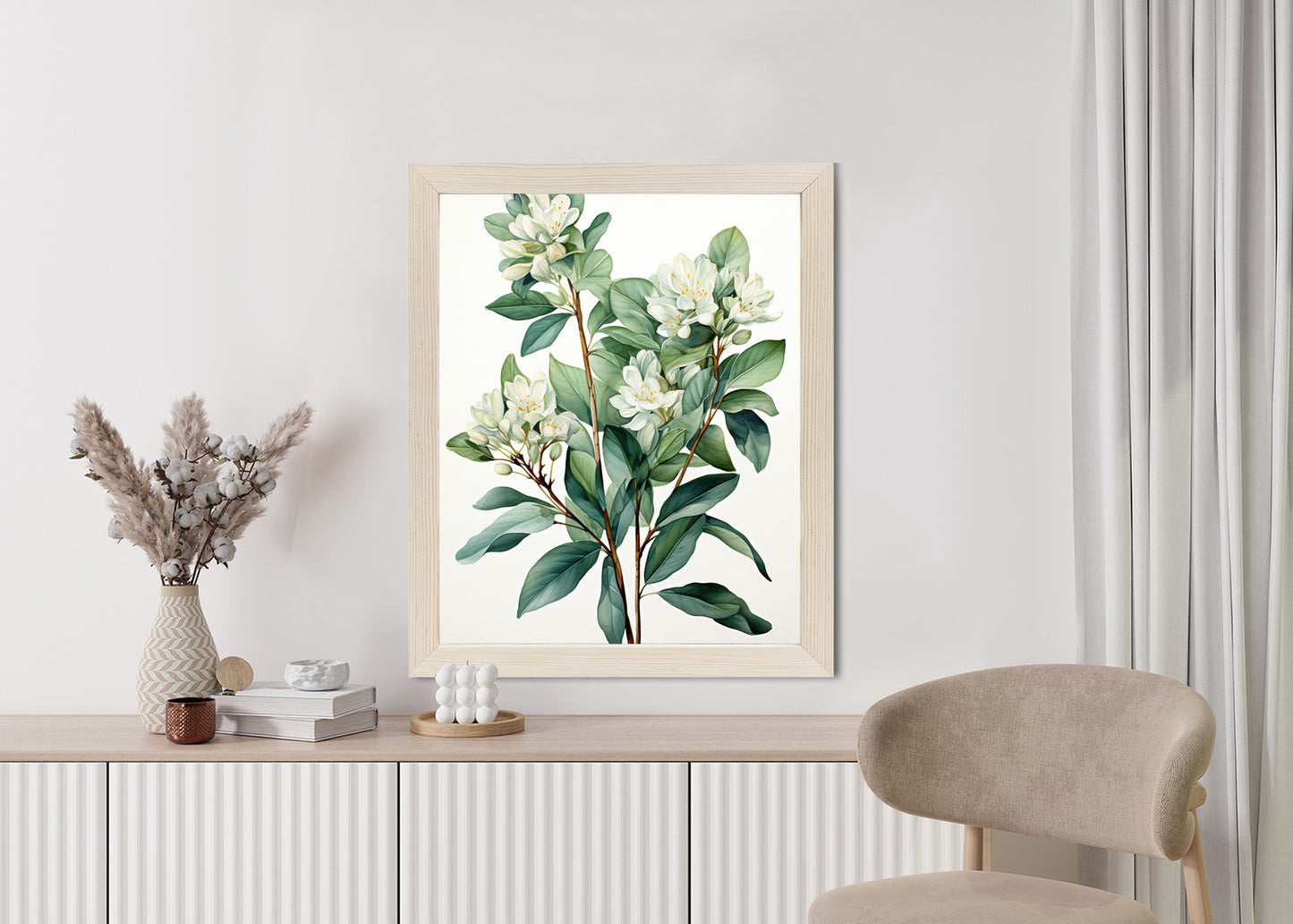 Poster Weiße Blüten Auf Einem Zweig Rahmen Holz Mit Passepartout Farbe Natürlich