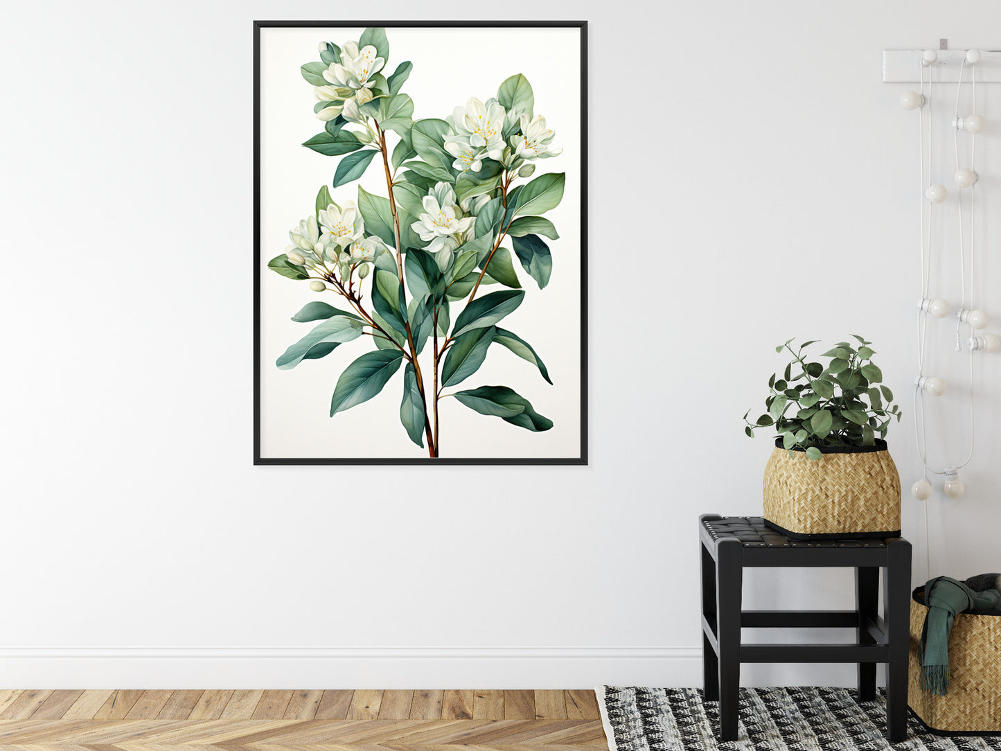 Poster Weiße Blüten Auf Einem Zweig Rahmen Holz Mit Passepartout Farbe Natürlich