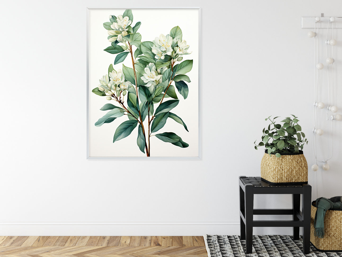 Poster Weiße Blüten Auf Einem Zweig Rahmen Holz Mit Passepartout Farbe Natürlich