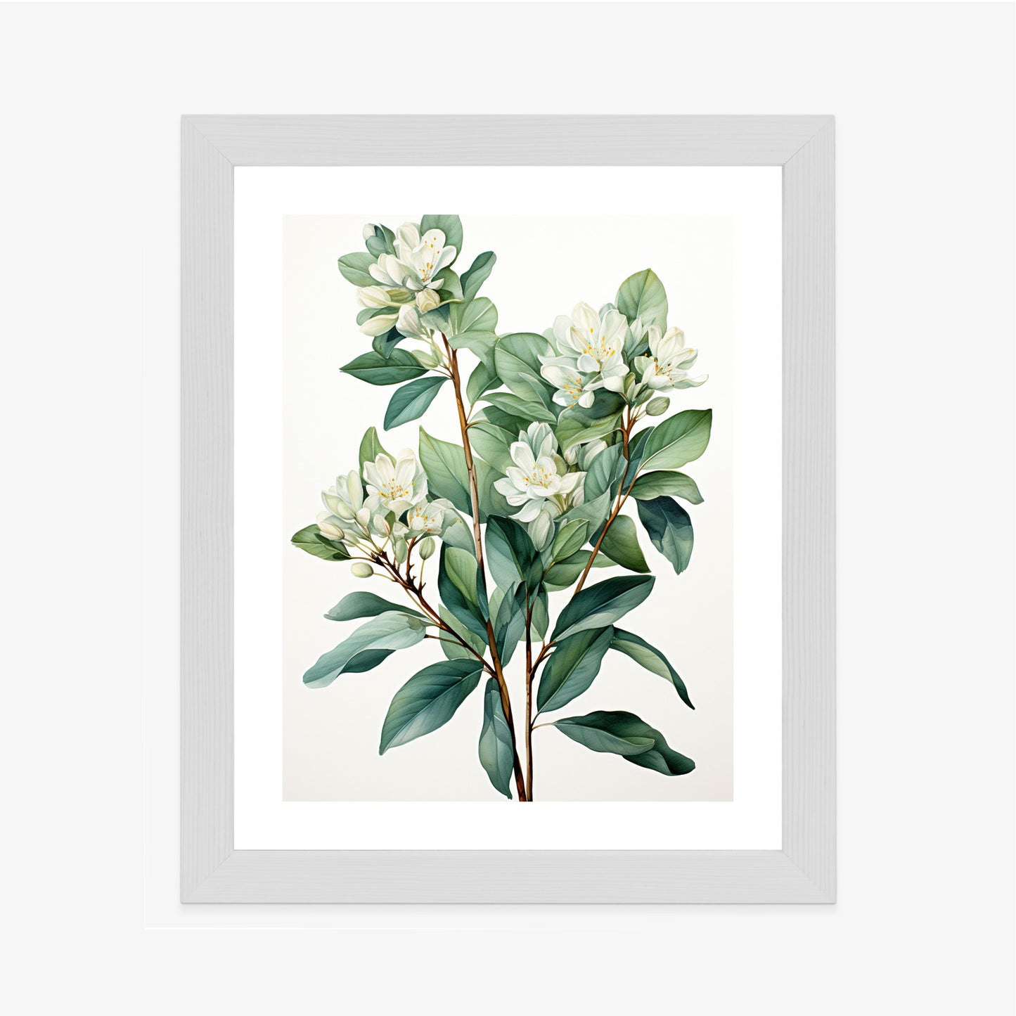 Poster Weiße Blüten Auf Einem Zweig Rahmen Holz Mit Passepartout Farbe Natürlich