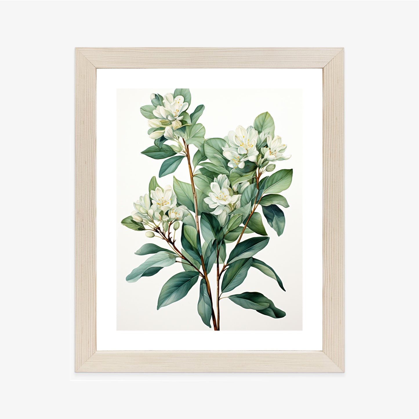 Poster Weiße Blüten Auf Einem Zweig Rahmen Holz Mit Passepartout Farbe Natürlich