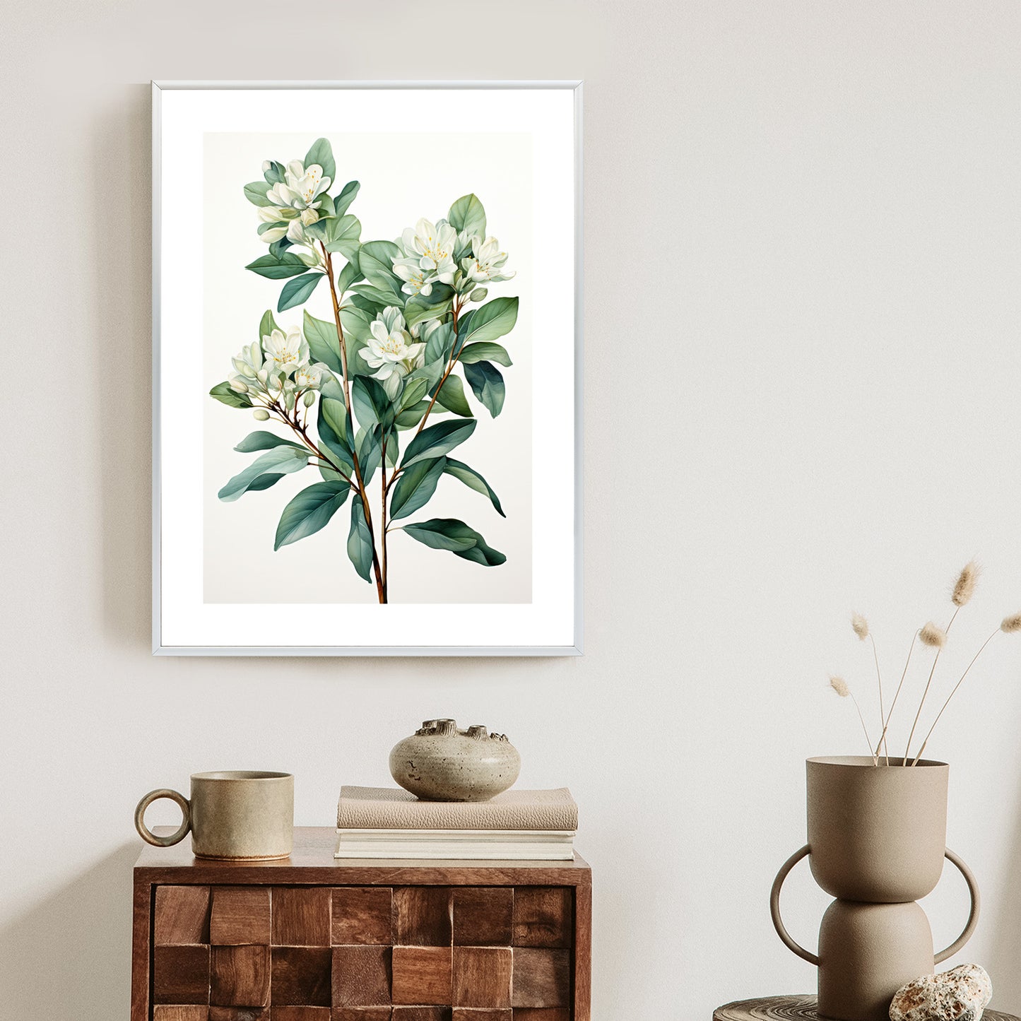 Poster Weiße Blüten Auf Einem Zweig Rahmen Holz Mit Passepartout Farbe Natürlich