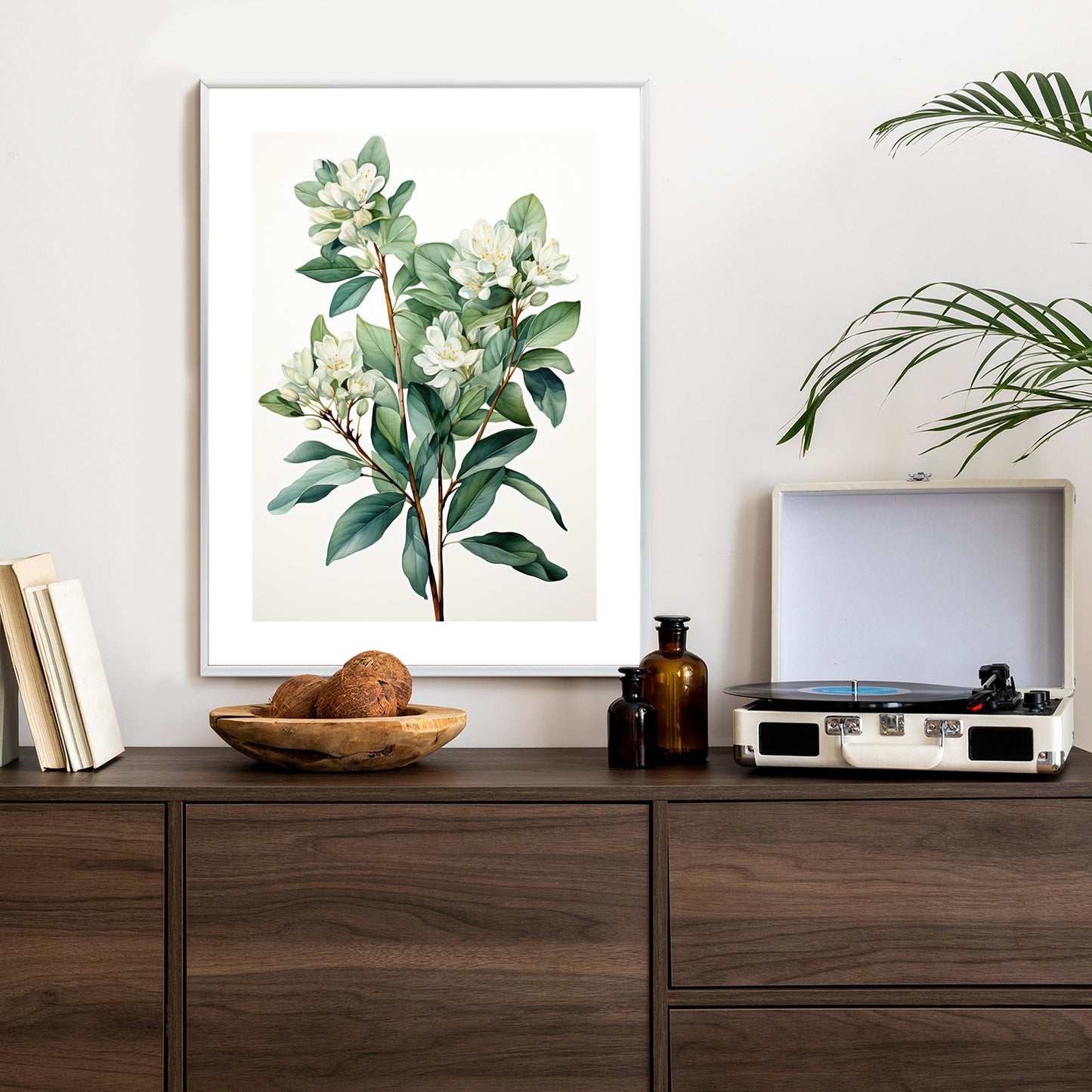 Poster Weiße Blüten Auf Einem Zweig Rahmen Holz Mit Passepartout Farbe Natürlich