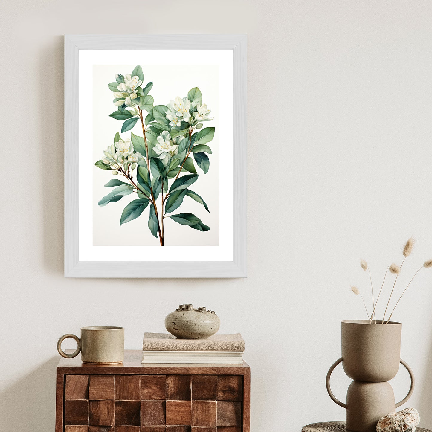 Poster Weiße Blüten Auf Einem Zweig Rahmen Holz Mit Passepartout Farbe Natürlich
