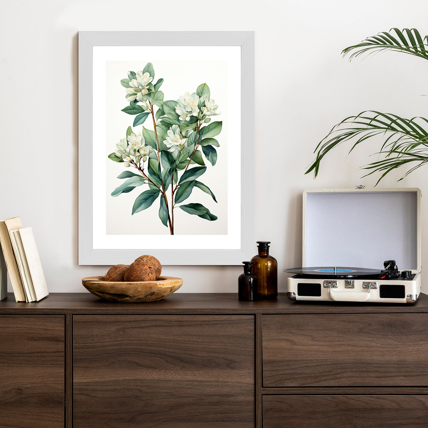 Poster Weiße Blüten Auf Einem Zweig Rahmen Holz Mit Passepartout Farbe Natürlich