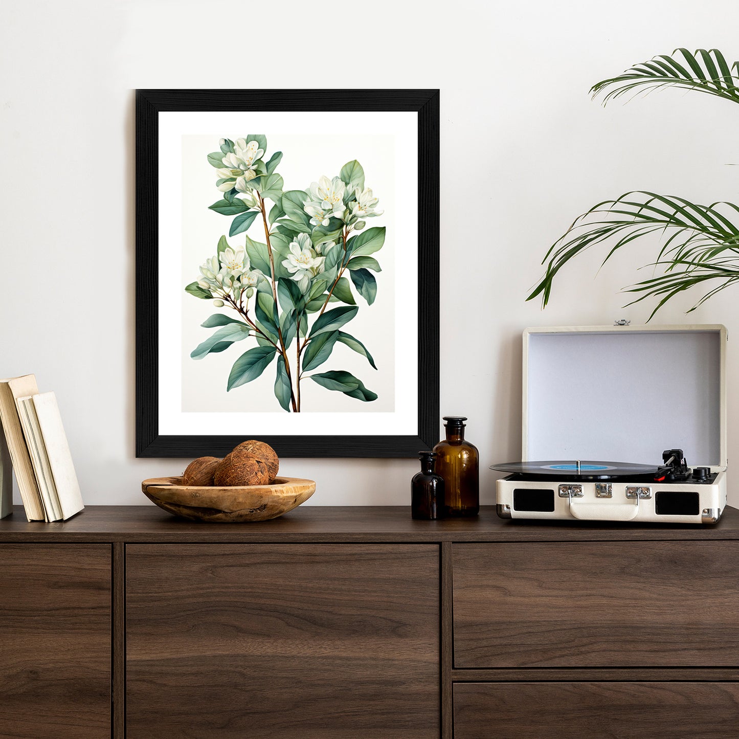 Poster Weiße Blüten Auf Einem Zweig Rahmen Holz Mit Passepartout Farbe Natürlich