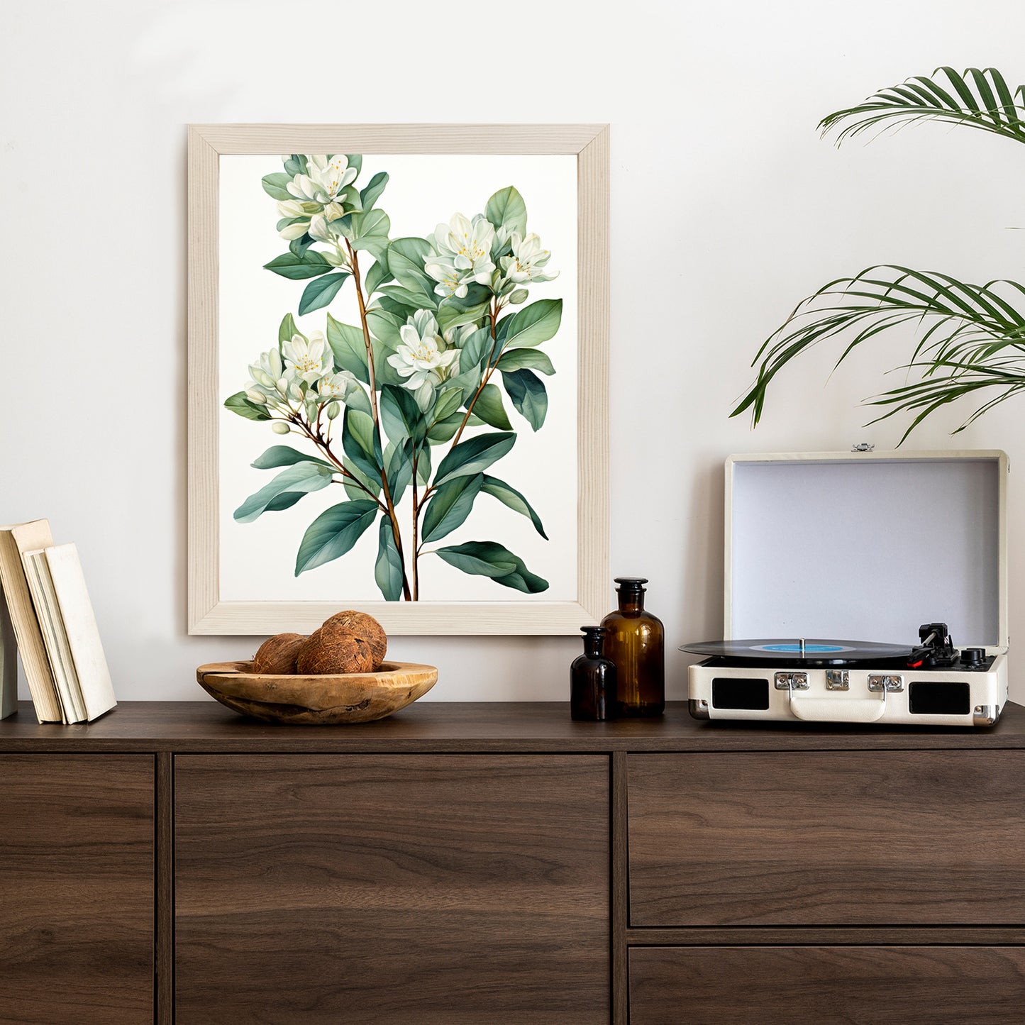 Poster Weiße Blüten Auf Einem Zweig Rahmen Holz Mit Passepartout Farbe Natürlich