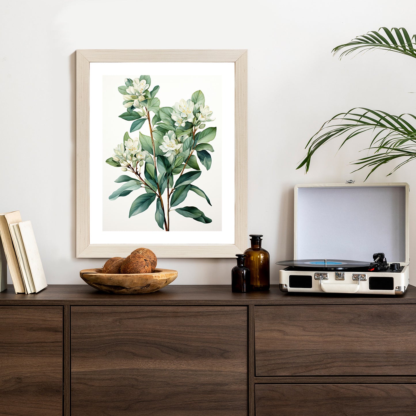 Poster Weiße Blüten Auf Einem Zweig Rahmen Holz Mit Passepartout Farbe Natürlich