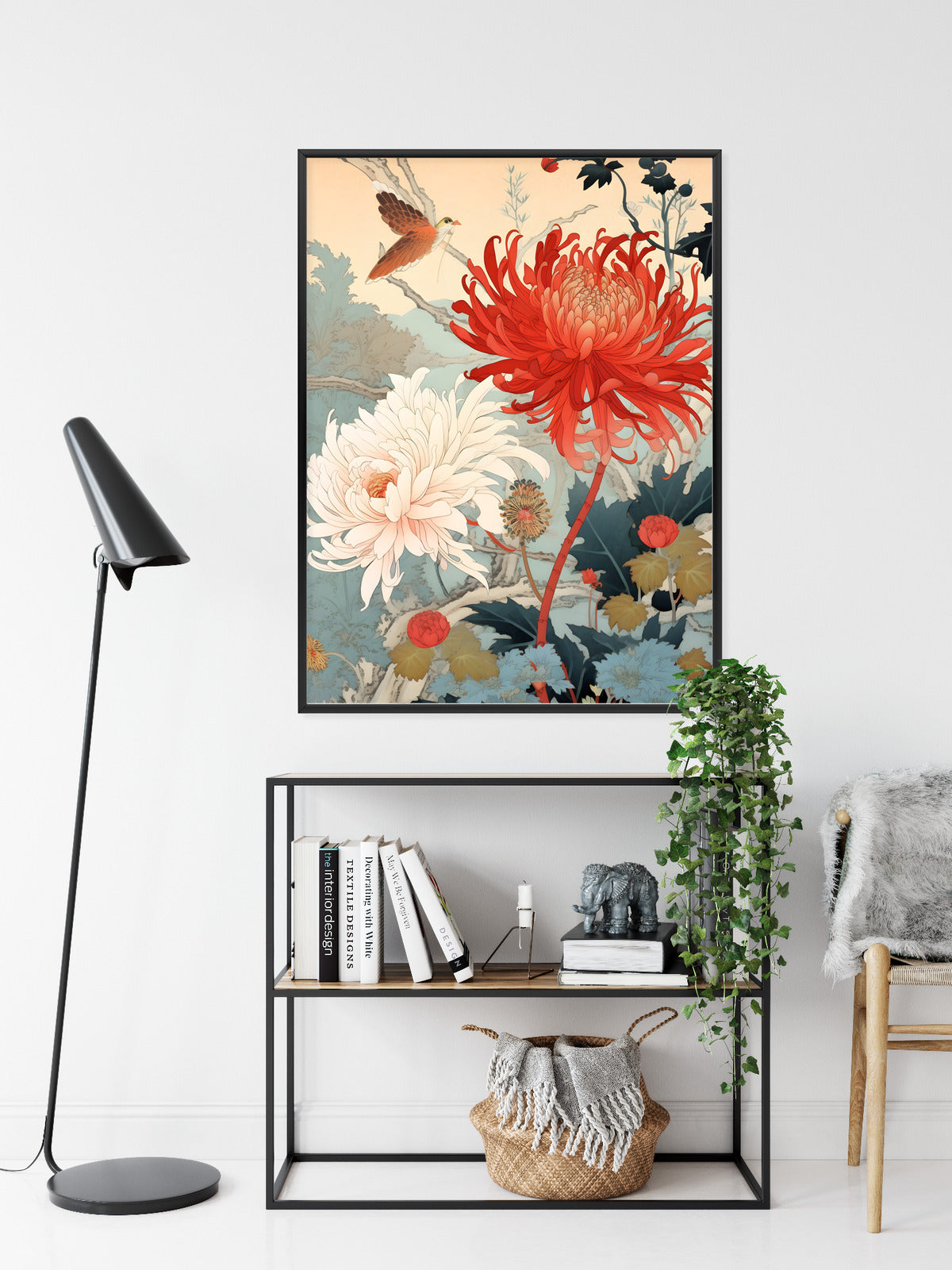 Poster Chrysanthemen Im Japanischen Stil Rahmen Holz Mit Passepartout Farbe Natürlich