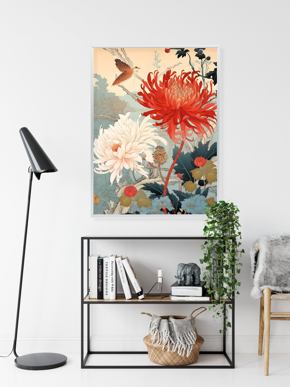 Poster Chrysanthemen Im Japanischen Stil Rahmen Holz Mit Passepartout Farbe Natürlich