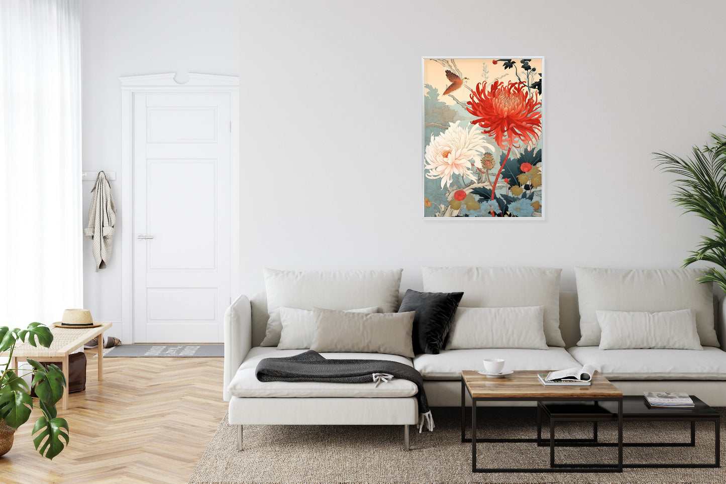 Poster Chrysanthemen Im Japanischen Stil Rahmen Holz Mit Passepartout Farbe Natürlich