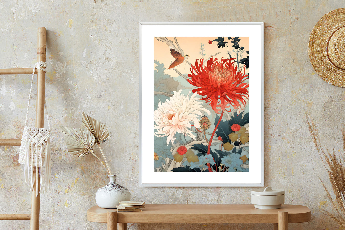Poster Chrysanthemen Im Japanischen Stil Rahmen Holz Mit Passepartout Farbe Natürlich