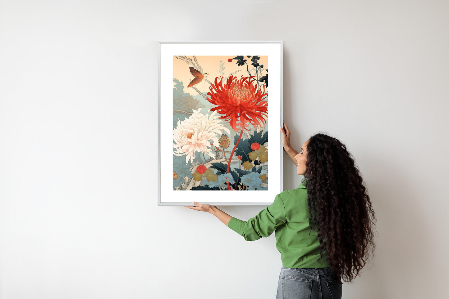 Poster Chrysanthemen Im Japanischen Stil Rahmen Holz Mit Passepartout Farbe Natürlich