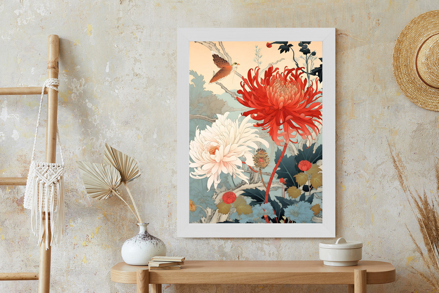 Poster Chrysanthemen Im Japanischen Stil Rahmen Holz Mit Passepartout Farbe Natürlich
