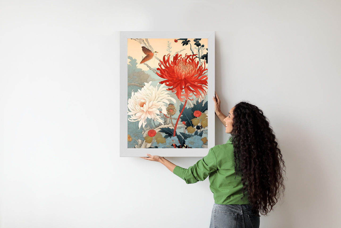 Poster Chrysanthemen Im Japanischen Stil Rahmen Holz Mit Passepartout Farbe Natürlich
