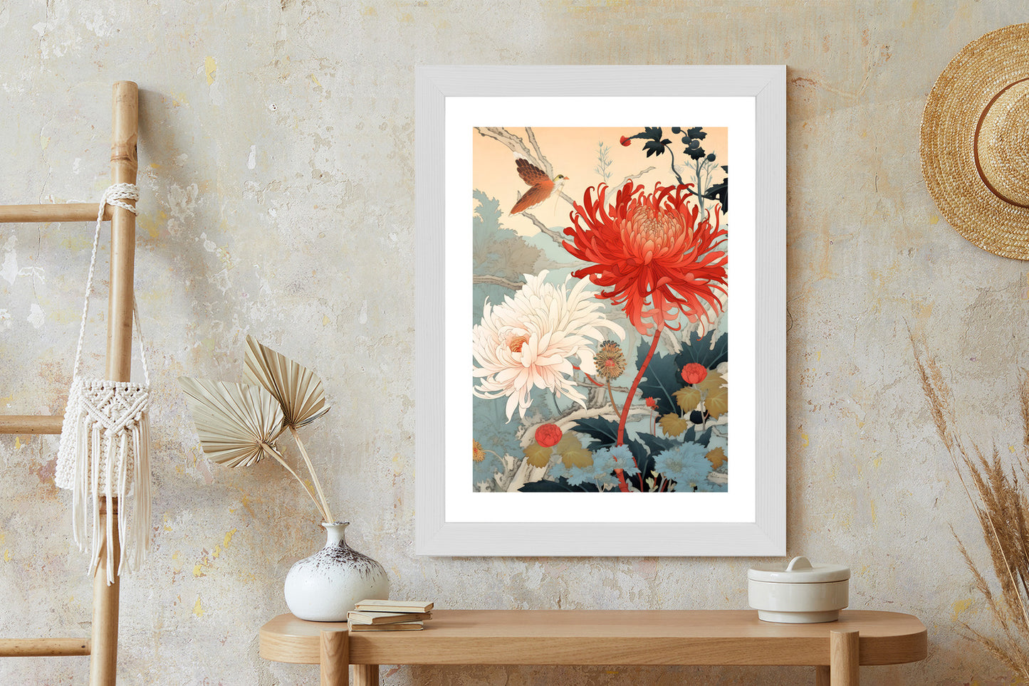 Poster Chrysanthemen Im Japanischen Stil Rahmen Holz Mit Passepartout Farbe Natürlich