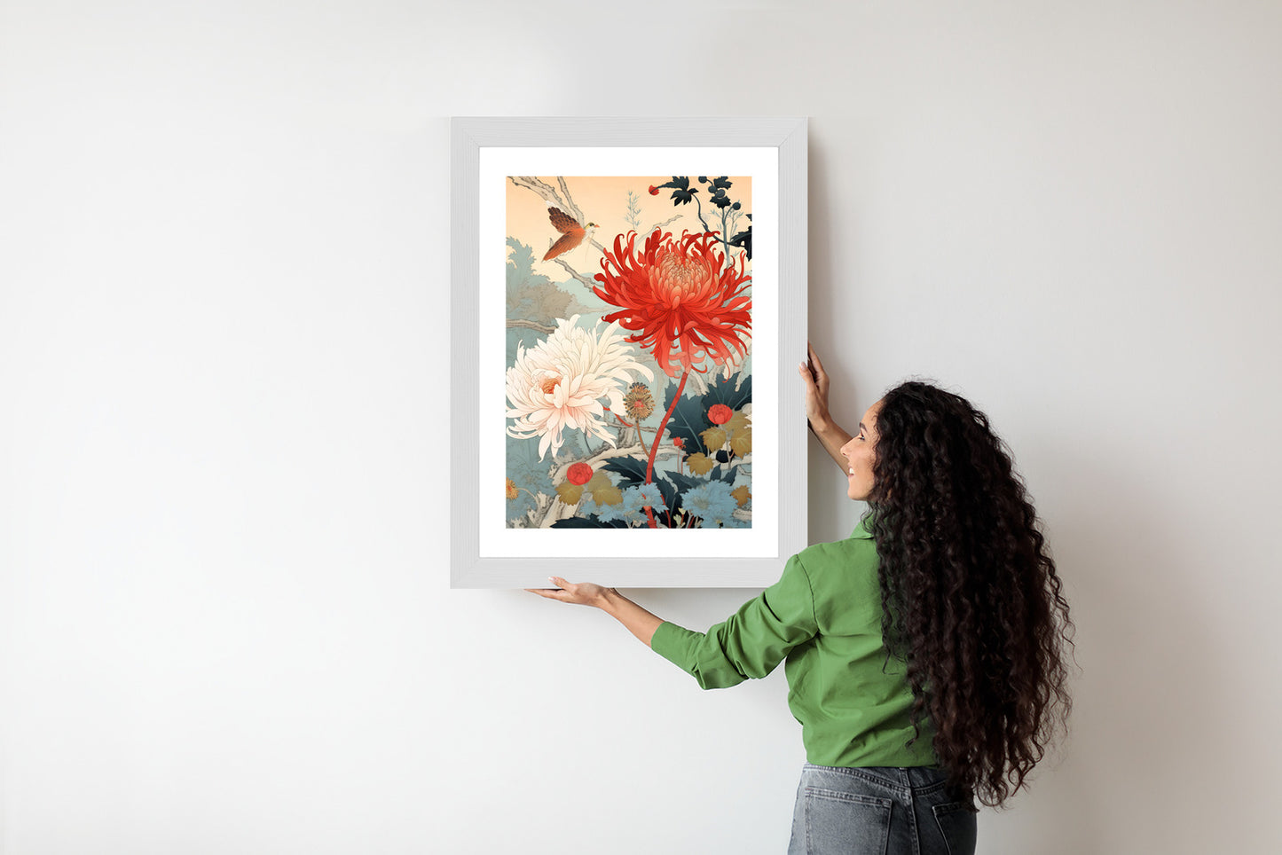 Poster Chrysanthemen Im Japanischen Stil Rahmen Holz Mit Passepartout Farbe Natürlich