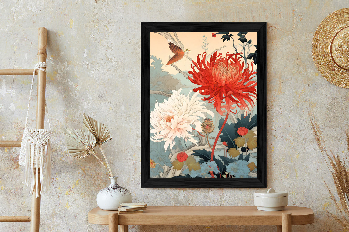 Poster Chrysanthemen Im Japanischen Stil Rahmen Holz Mit Passepartout Farbe Natürlich
