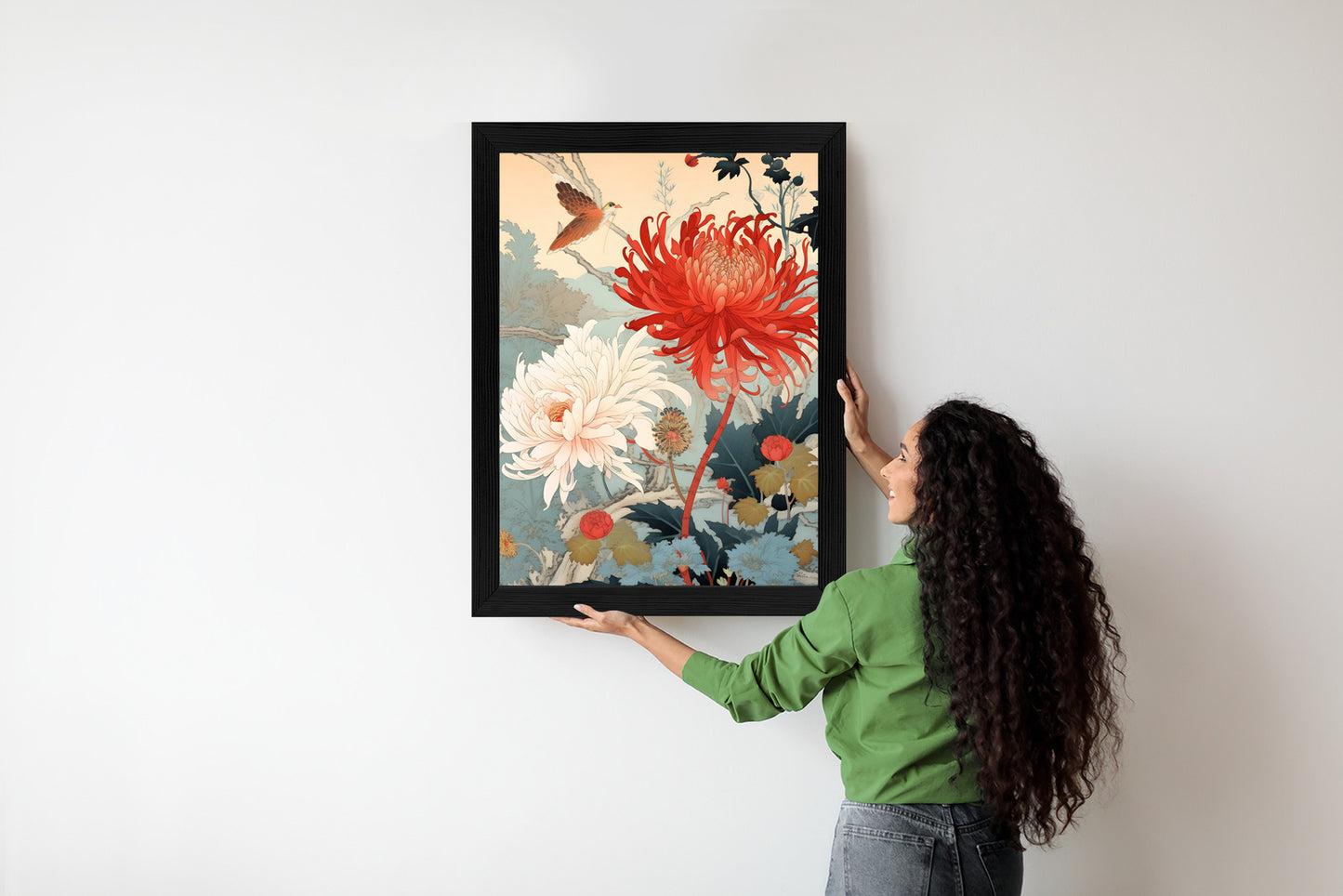 Poster Chrysanthemen Im Japanischen Stil Rahmen Holz Mit Passepartout Farbe Natürlich