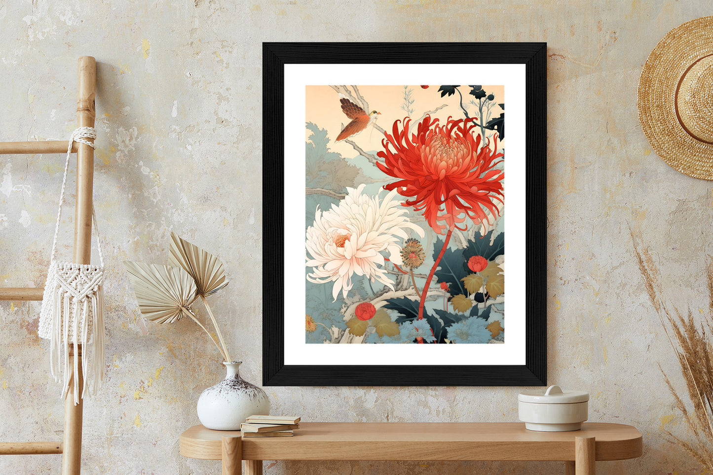 Poster Chrysanthemen Im Japanischen Stil Rahmen Holz Mit Passepartout Farbe Natürlich