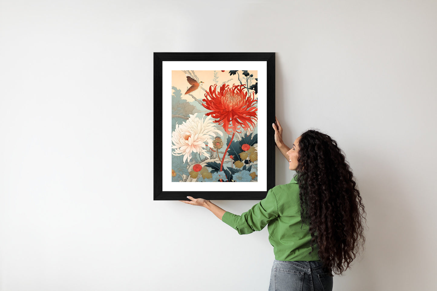 Poster Chrysanthemen Im Japanischen Stil Rahmen Holz Mit Passepartout Farbe Natürlich