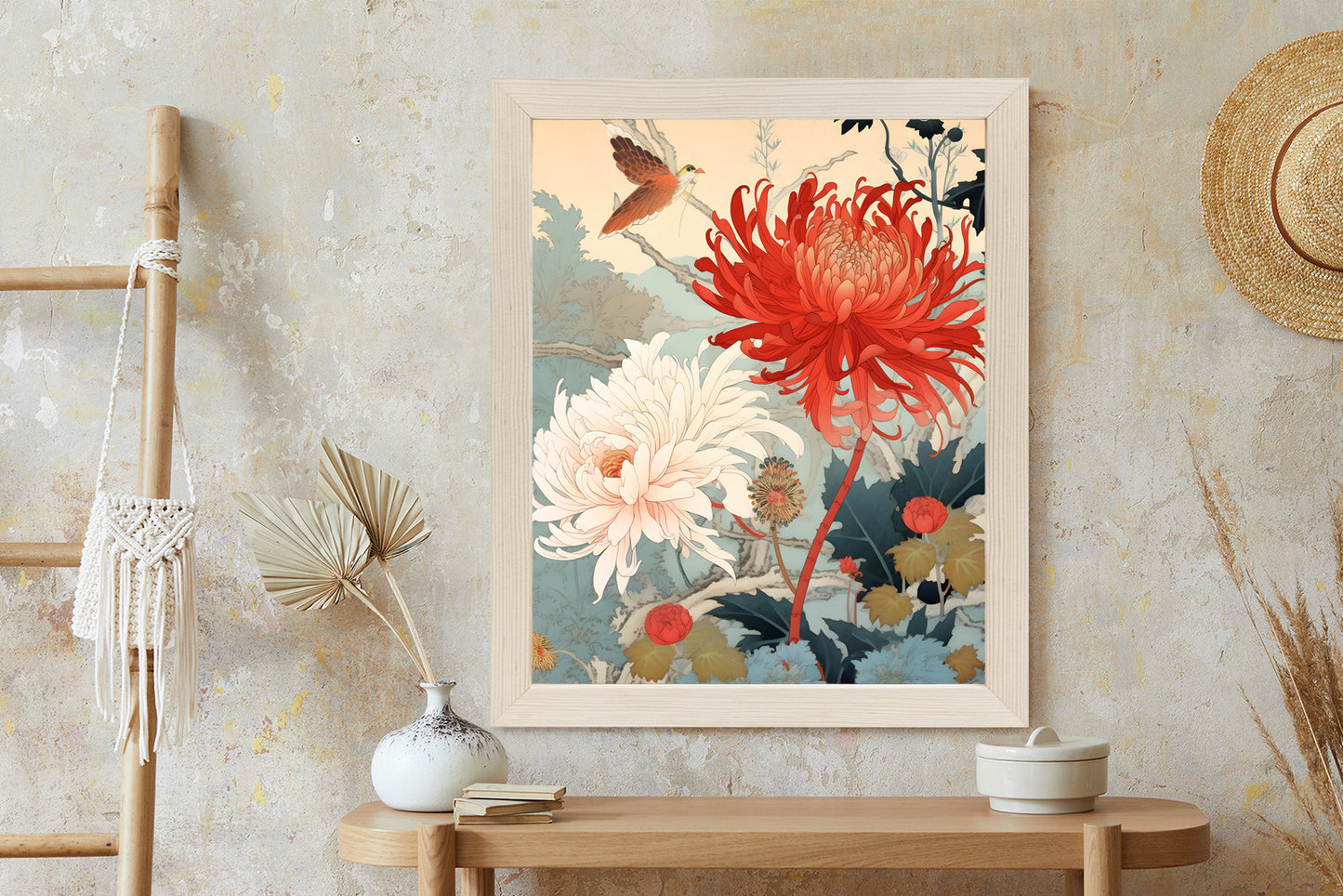 Poster Chrysanthemen Im Japanischen Stil Rahmen Holz Mit Passepartout Farbe Natürlich