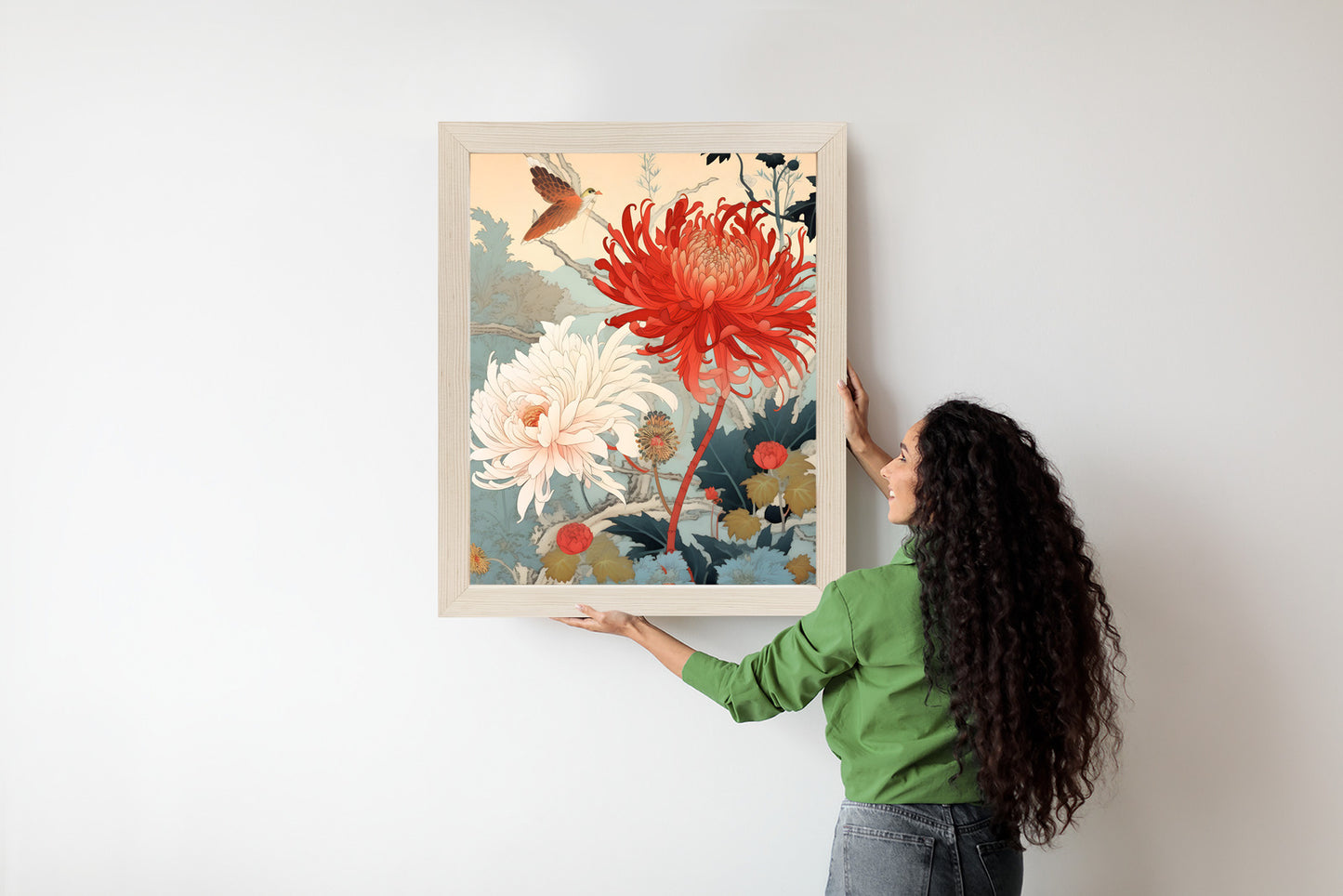 Poster Chrysanthemen Im Japanischen Stil Rahmen Holz Mit Passepartout Farbe Natürlich
