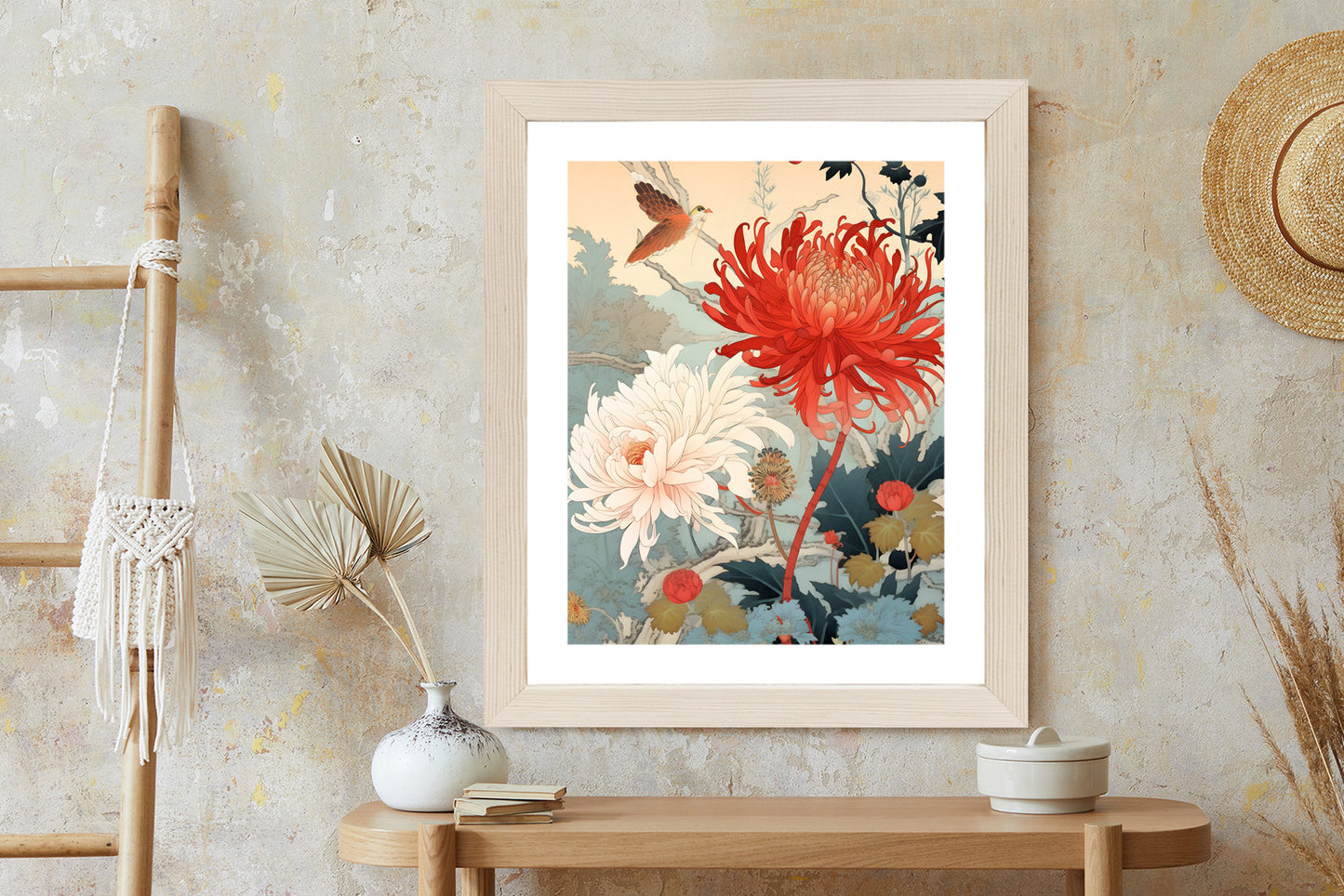 Poster Chrysanthemen Im Japanischen Stil Rahmen Holz Mit Passepartout Farbe Natürlich