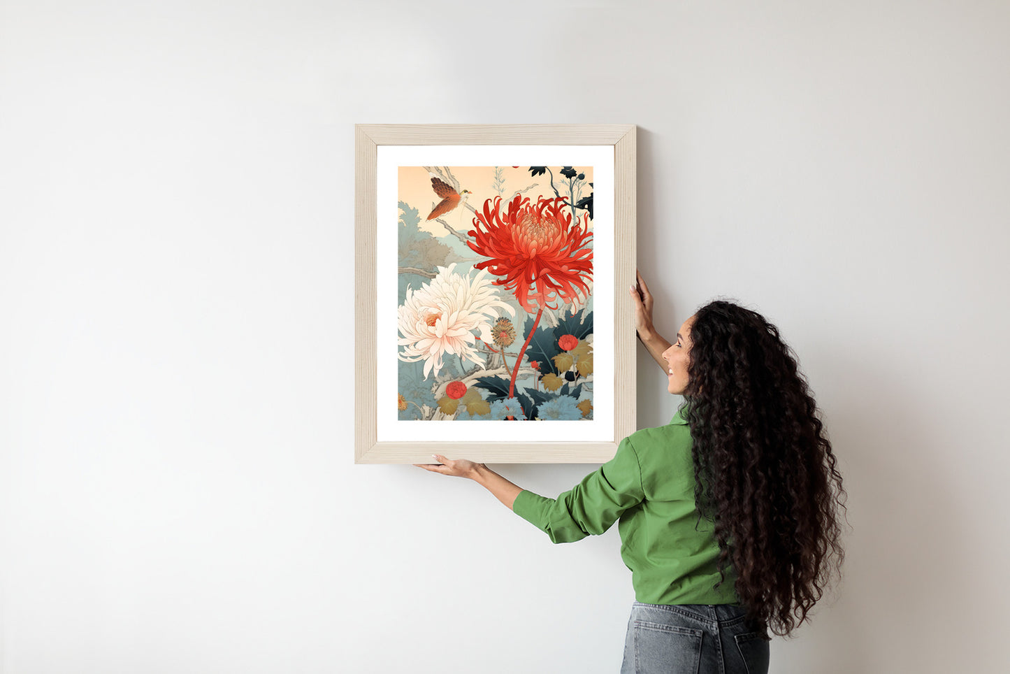 Poster Chrysanthemen Im Japanischen Stil Rahmen Holz Mit Passepartout Farbe Natürlich