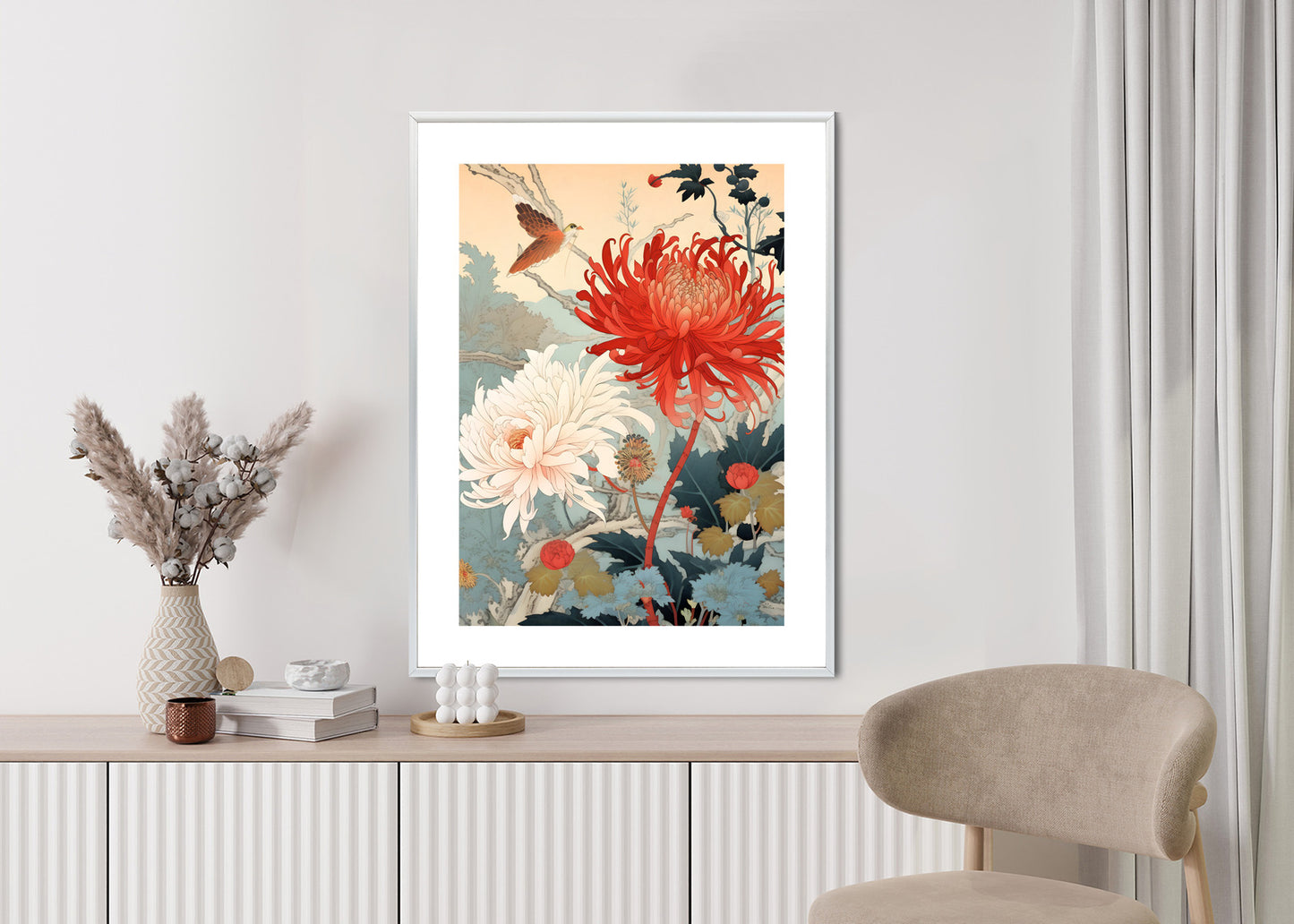 Poster Chrysanthemen Im Japanischen Stil Rahmen Holz Mit Passepartout Farbe Natürlich