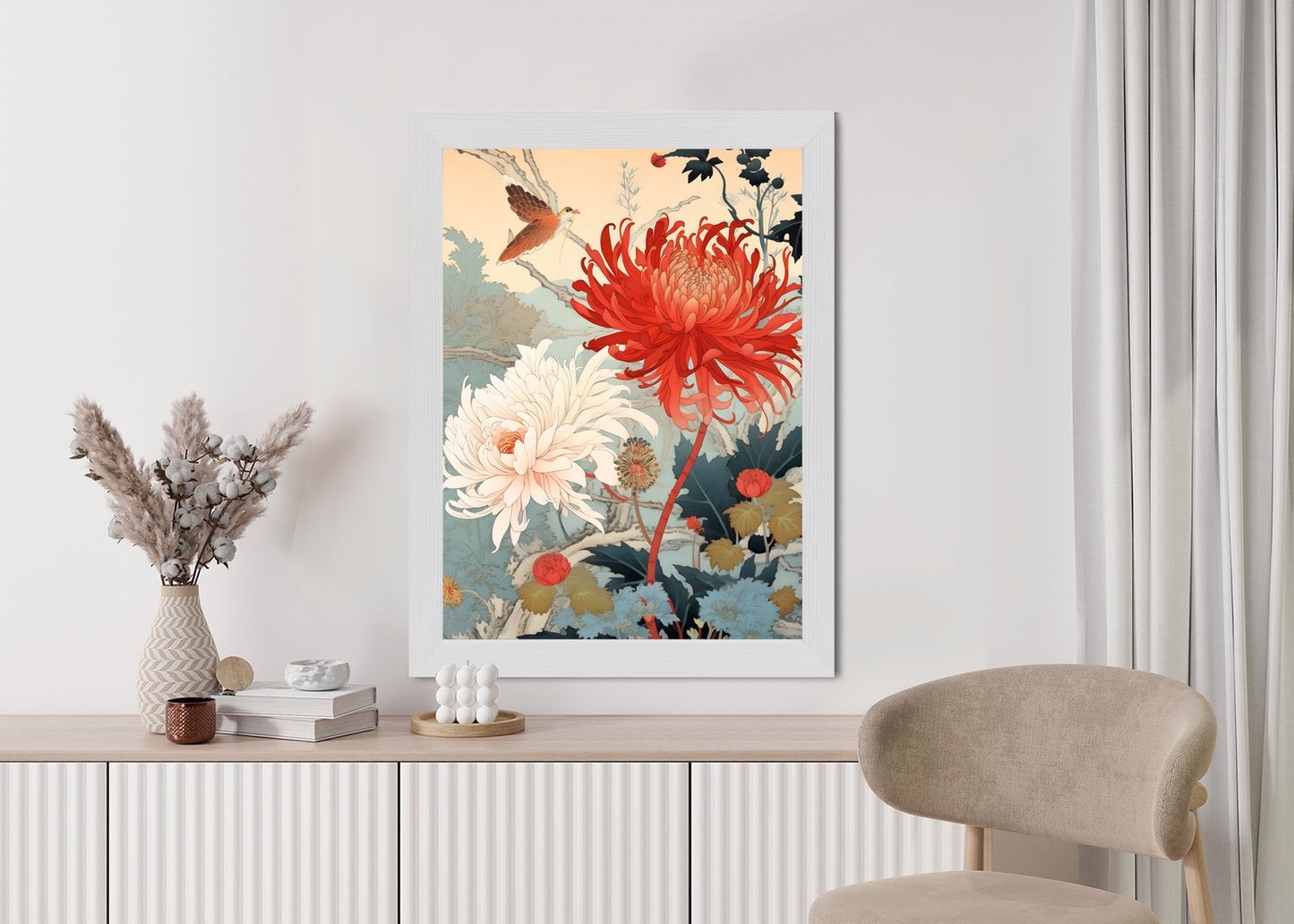 Poster Chrysanthemen Im Japanischen Stil Rahmen Holz Mit Passepartout Farbe Natürlich