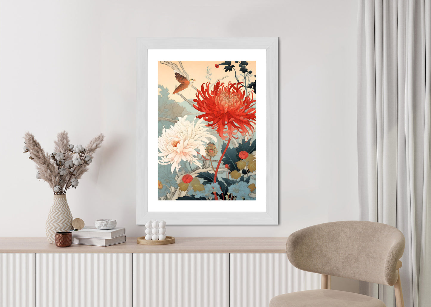 Poster Chrysanthemen Im Japanischen Stil Rahmen Holz Mit Passepartout Farbe Natürlich