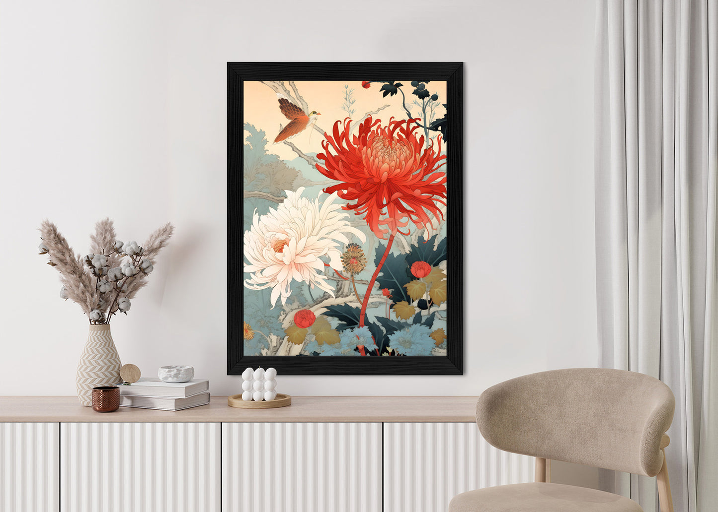 Poster Chrysanthemen Im Japanischen Stil Rahmen Holz Mit Passepartout Farbe Natürlich