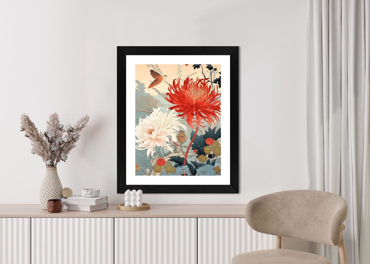 Poster Chrysanthemen Im Japanischen Stil Rahmen Holz Mit Passepartout Farbe Natürlich