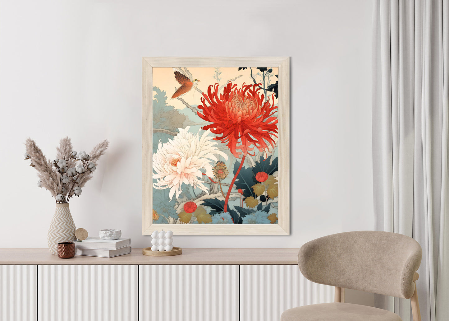 Poster Chrysanthemen Im Japanischen Stil Rahmen Holz Mit Passepartout Farbe Natürlich