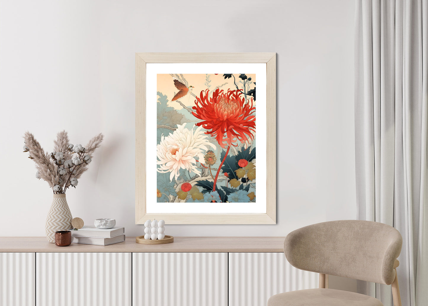 Poster Chrysanthemen Im Japanischen Stil Rahmen Holz Mit Passepartout Farbe Natürlich