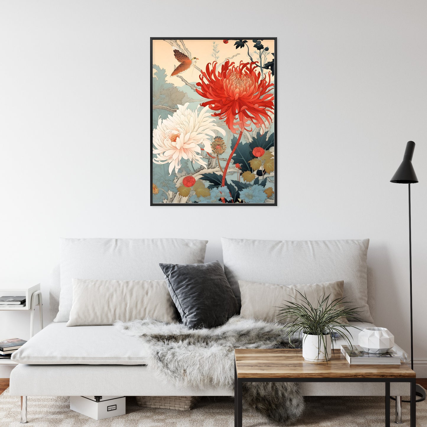 Poster Chrysanthemen Im Japanischen Stil Rahmen Holz Mit Passepartout Farbe Natürlich