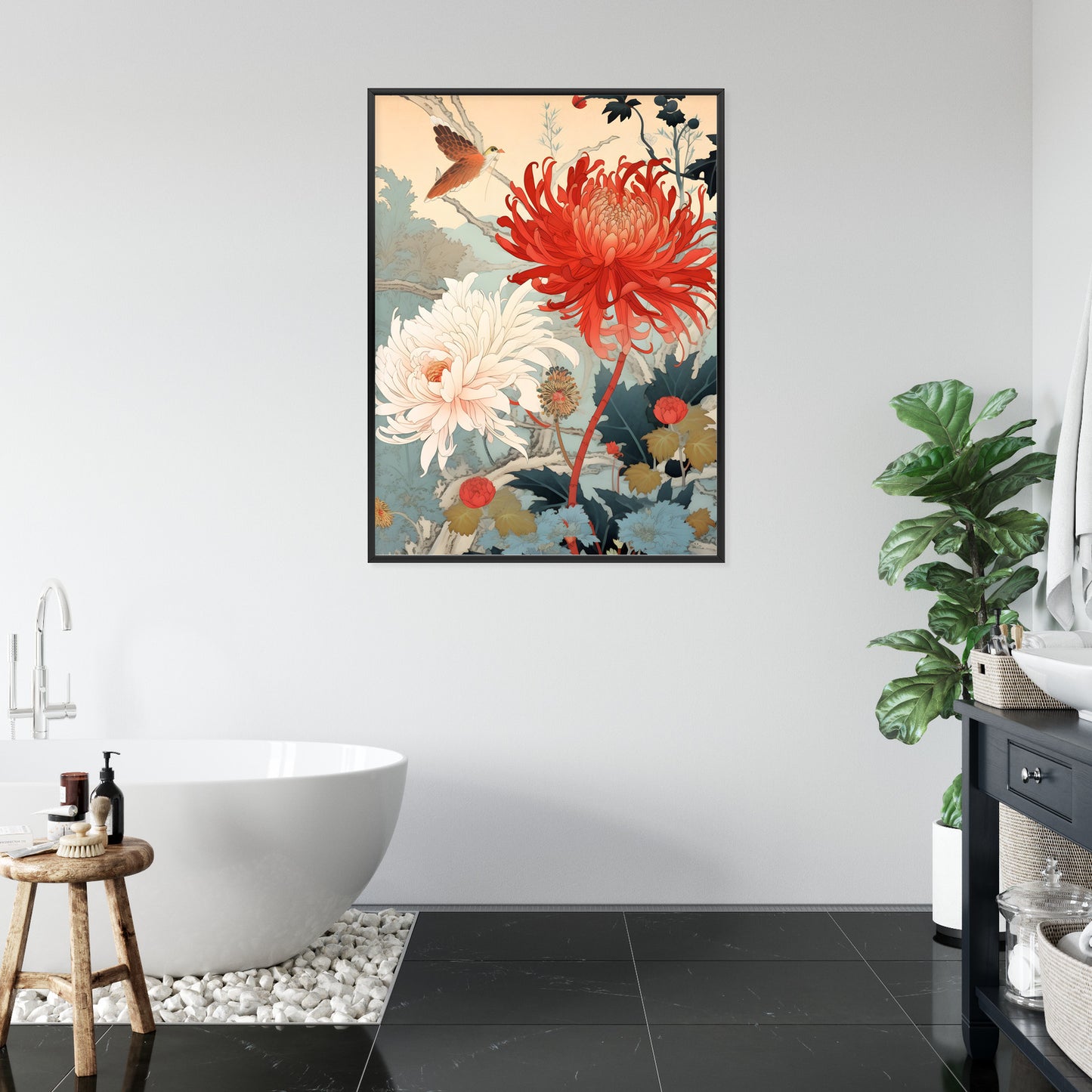 Poster Chrysanthemen Im Japanischen Stil Rahmen Holz Mit Passepartout Farbe Natürlich