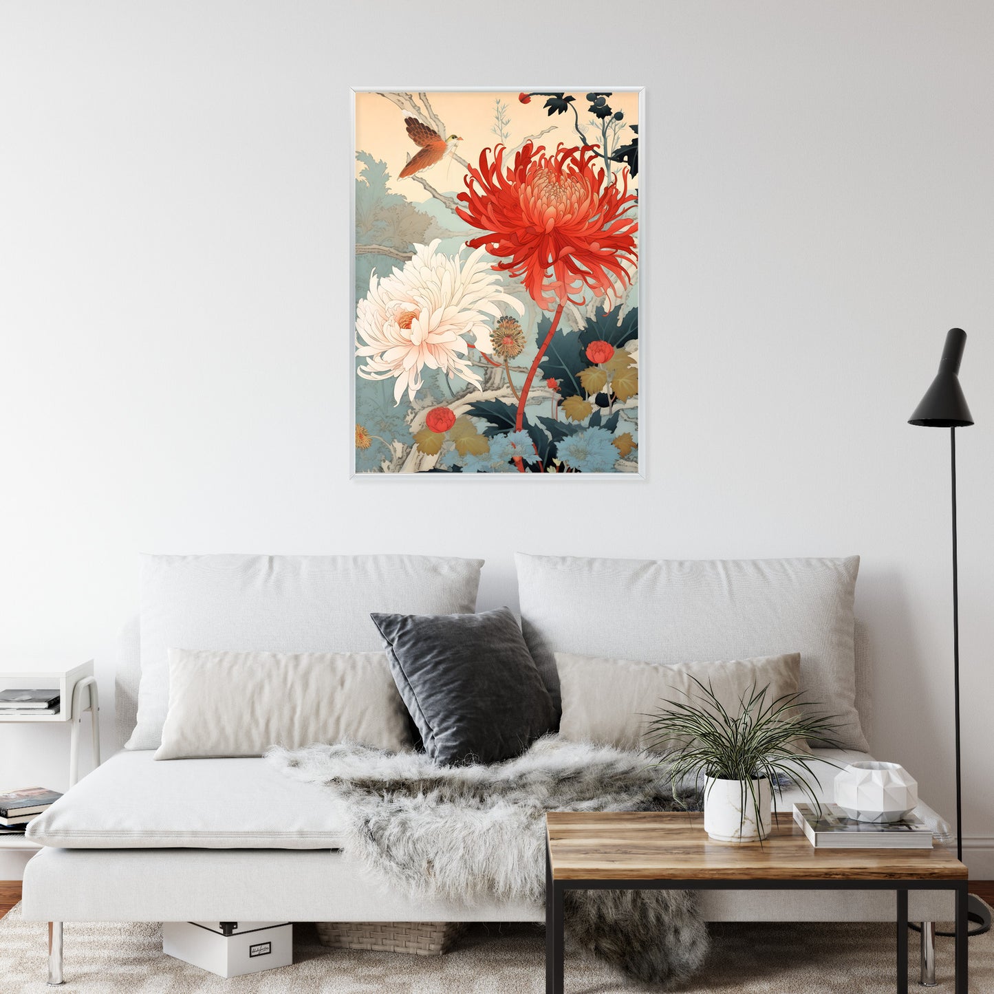 Poster Chrysanthemen Im Japanischen Stil Rahmen Holz Mit Passepartout Farbe Natürlich