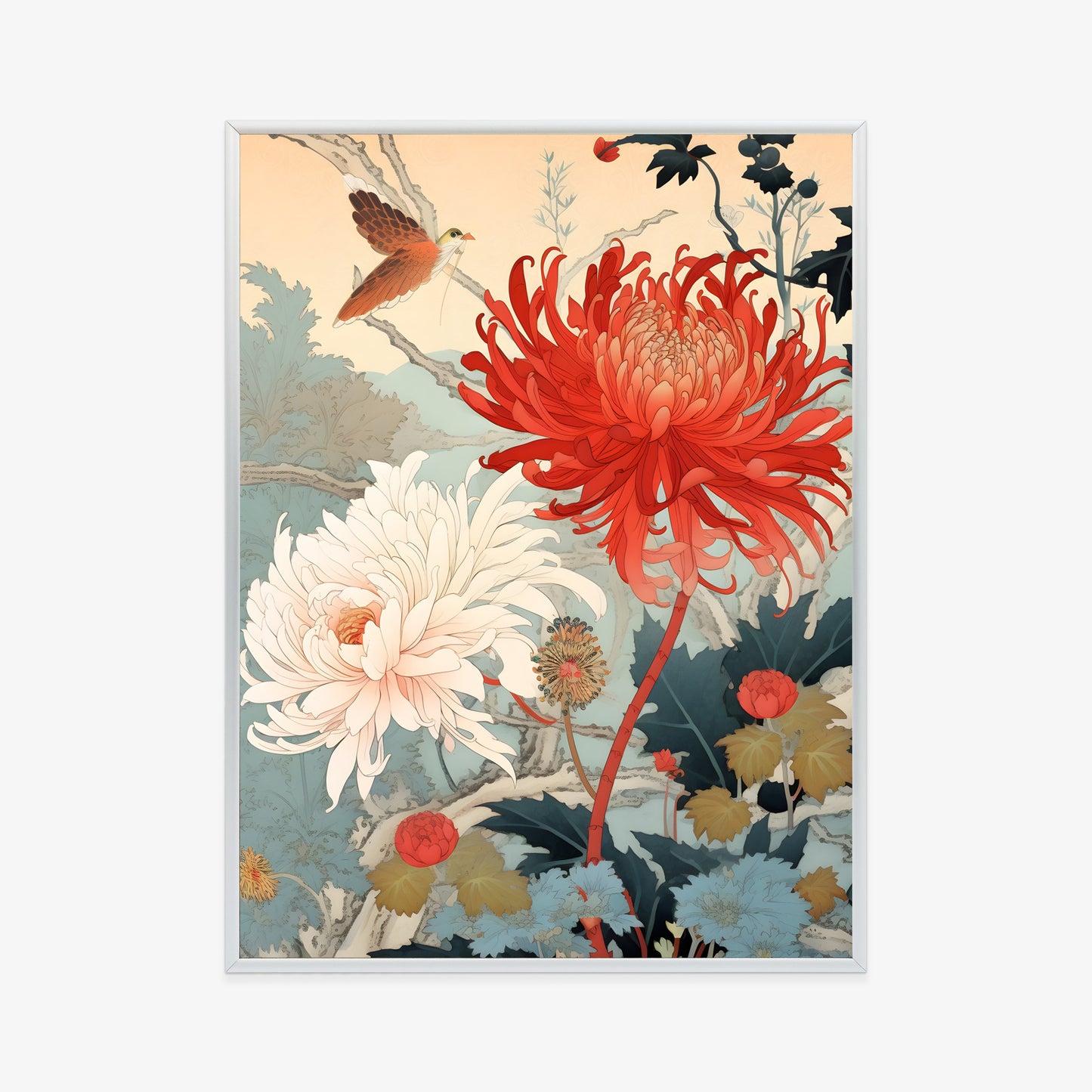 Poster Chrysanthemen Im Japanischen Stil Rahmen Holz Mit Passepartout Farbe Natürlich