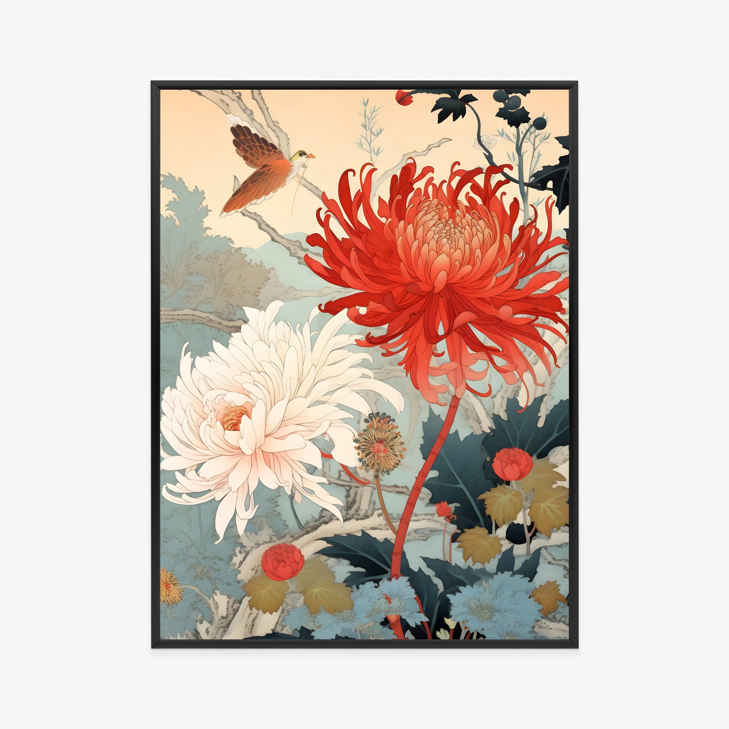 Poster Chrysanthemen Im Japanischen Stil Rahmen Holz Mit Passepartout Farbe Natürlich